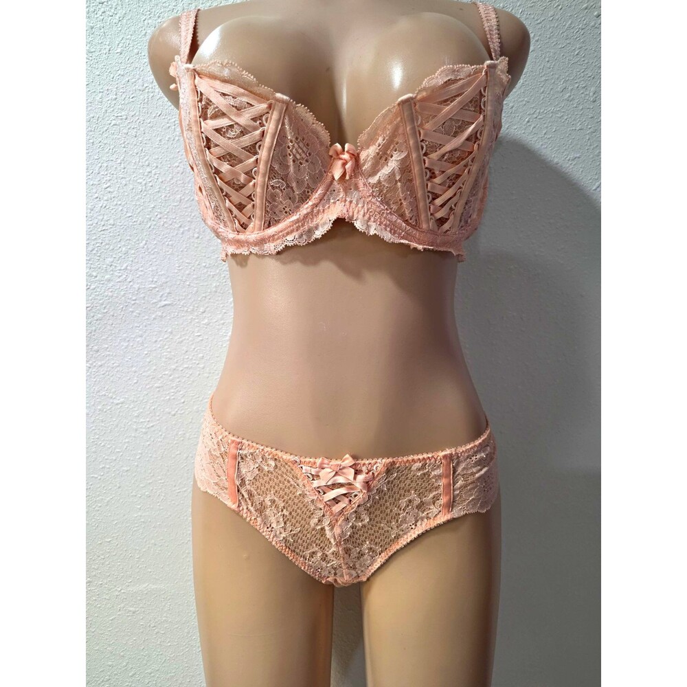 Agent Provocateur Pink Floral Lace Semi-Sheer Lace-Up Underwired Bra Set 32B